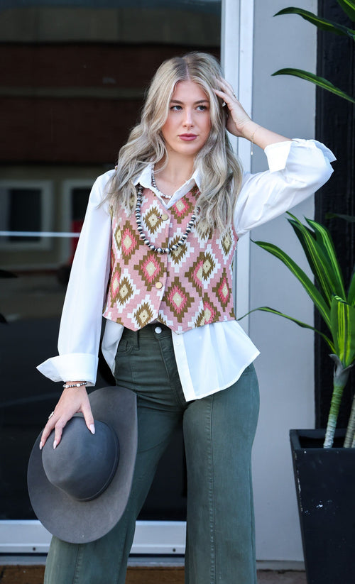 Pink Southwest Tapestry Vest - Cowhide and Conchos