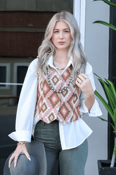 Pink Southwest Tapestry Vest - Cowhide and Conchos