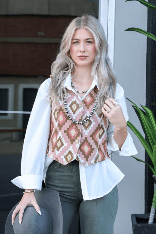 Pink Southwest Tapestry Vest - Cowhide and Conchos
