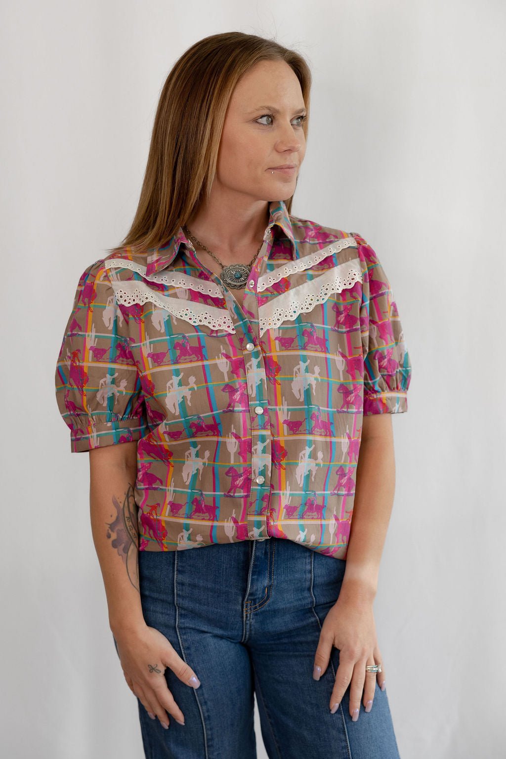 Plaid Posse Top - Cowhide and Conchos