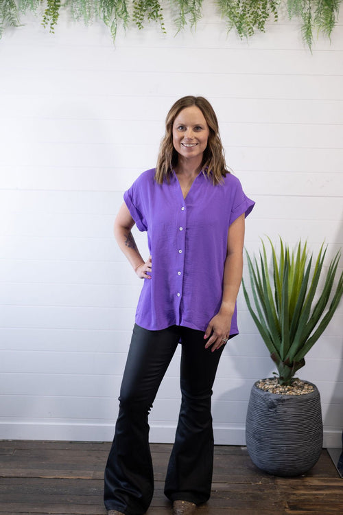 Pleated Button Up Woven Top - Cowhide and Conchos