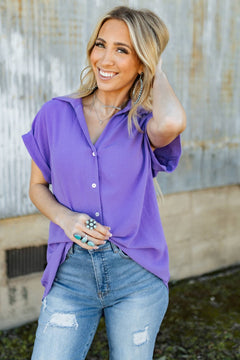 Pleated Button Up Woven Top - Cowhide and Conchos