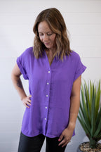 Pleated Button Up Woven Top - Cowhide and Conchos