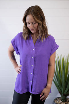 Pleated Button Up Woven Top - Cowhide and Conchos