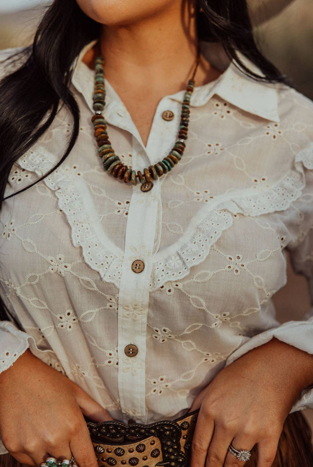 Prairie Eyelet Ruffle Top - Cowhide and Conchos
