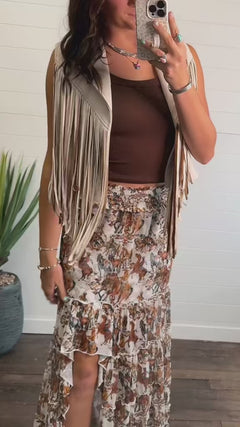 Cream Open Front Contrast Fringe Vest