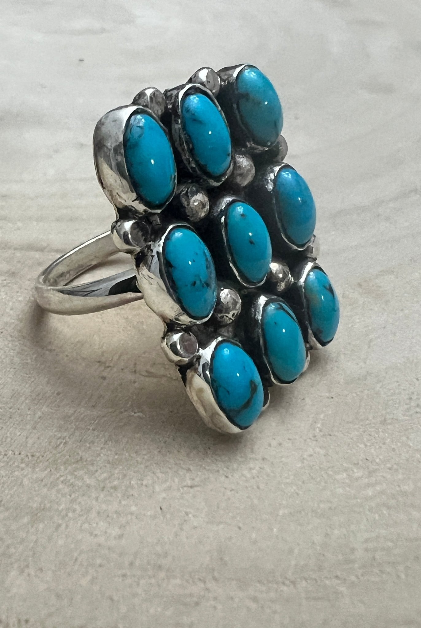 Priscilla Reeder Navajo Sterling Silver Turquoise Ring — Size 8 (1" × 7/8" Face, PR Hallmark, Heirloom) - Cowhide and Conchos