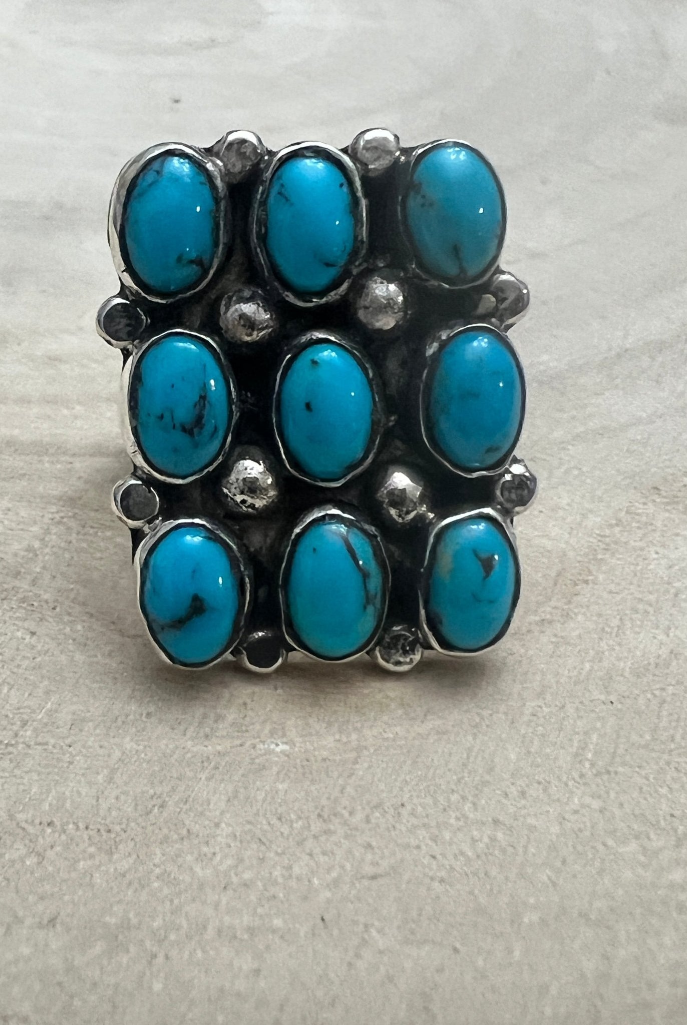 Priscilla Reeder Navajo Sterling Silver Turquoise Ring — Size 8 (1" × 7/8" Face, PR Hallmark, Heirloom) - Cowhide and Conchos
