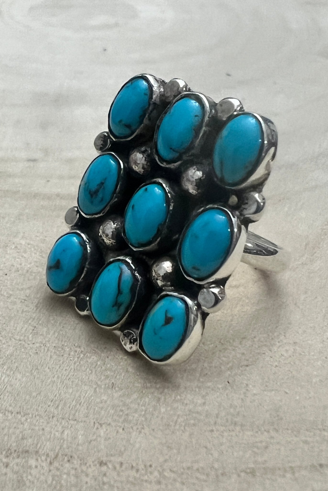 Priscilla Reeder Navajo Sterling Silver Turquoise Ring — Size 8 (1" × 7/8" Face, PR Hallmark, Heirloom) - Cowhide and Conchos