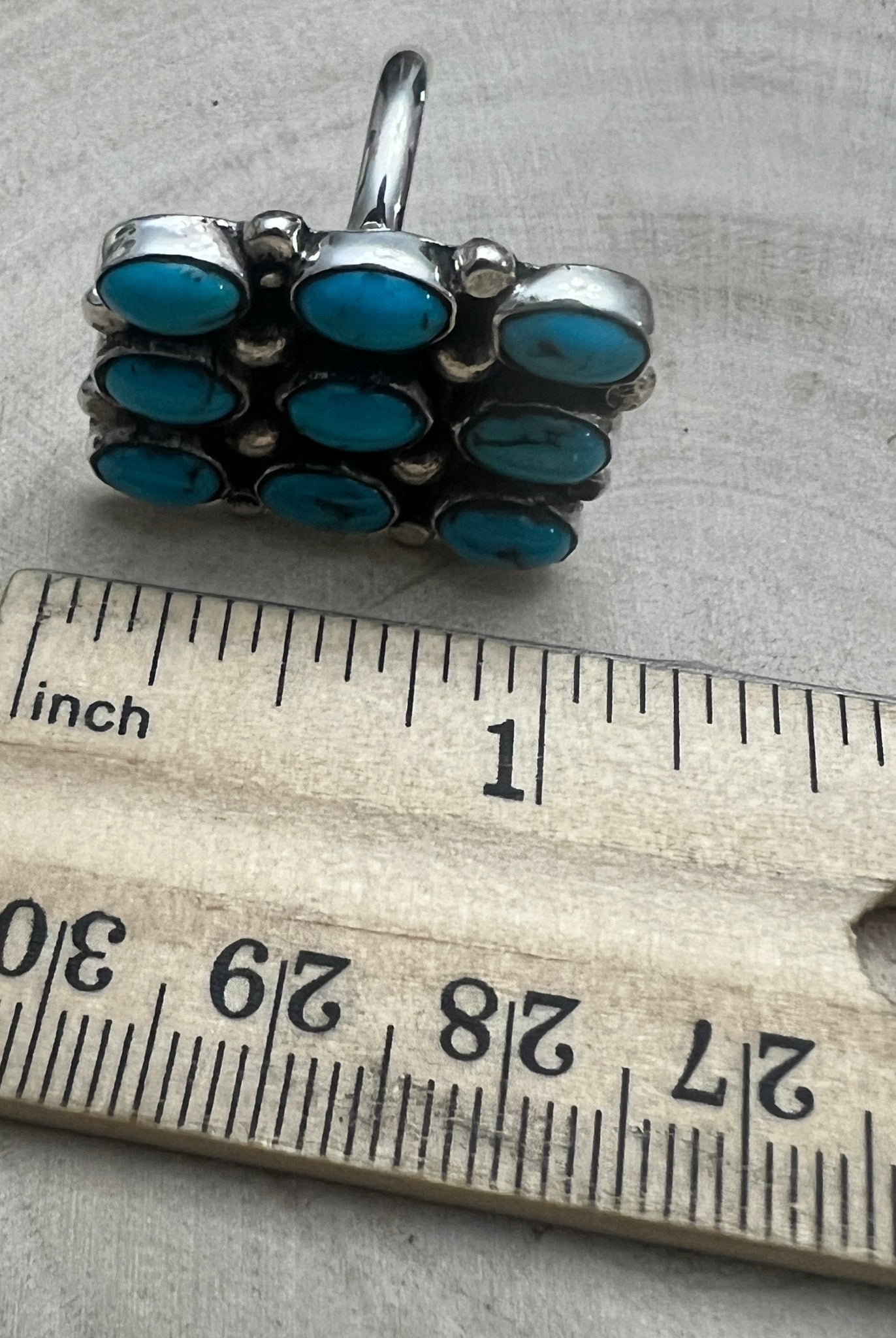 Priscilla Reeder Navajo Sterling Silver Turquoise Ring — Size 8 (1" × 7/8" Face, PR Hallmark, Heirloom) - Cowhide and Conchos