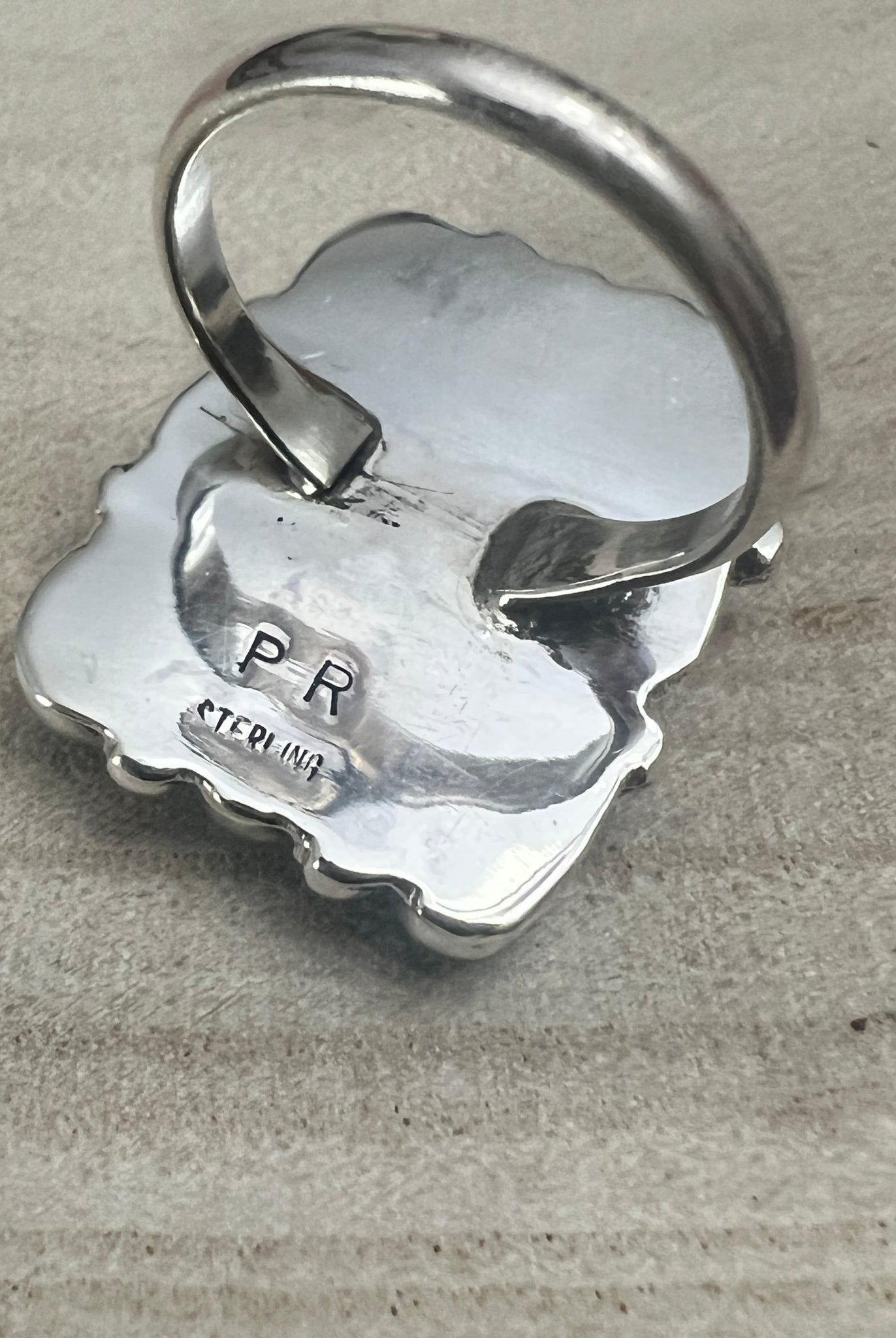 Priscilla Reeder Navajo Sterling Silver Turquoise Ring — Size 8 (1" × 7/8" Face, PR Hallmark, Heirloom) - Cowhide and Conchos