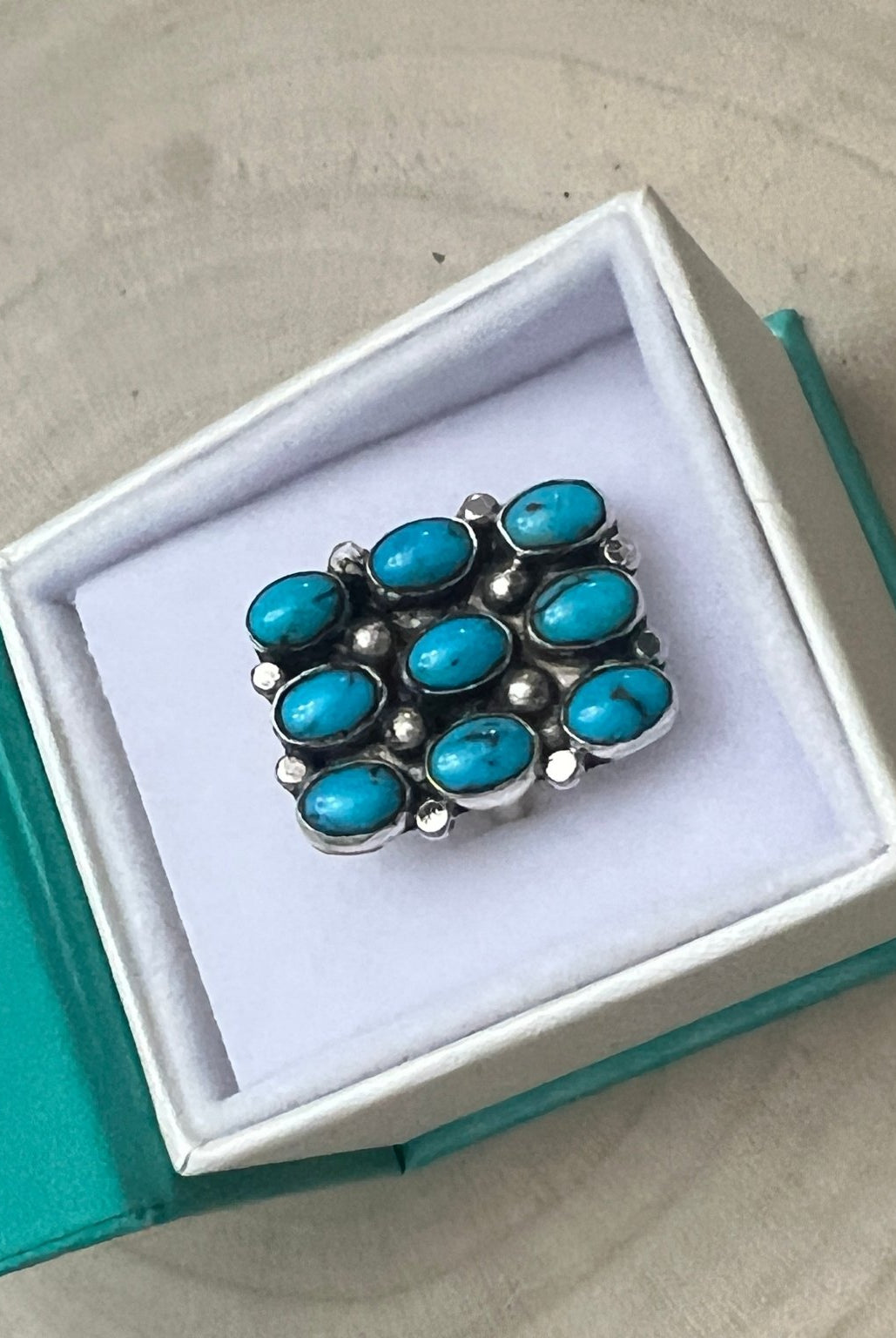 Priscilla Reeder Navajo Sterling Silver Turquoise Ring — Size 8 (1" × 7/8" Face, PR Hallmark, Heirloom) - Cowhide and Conchos