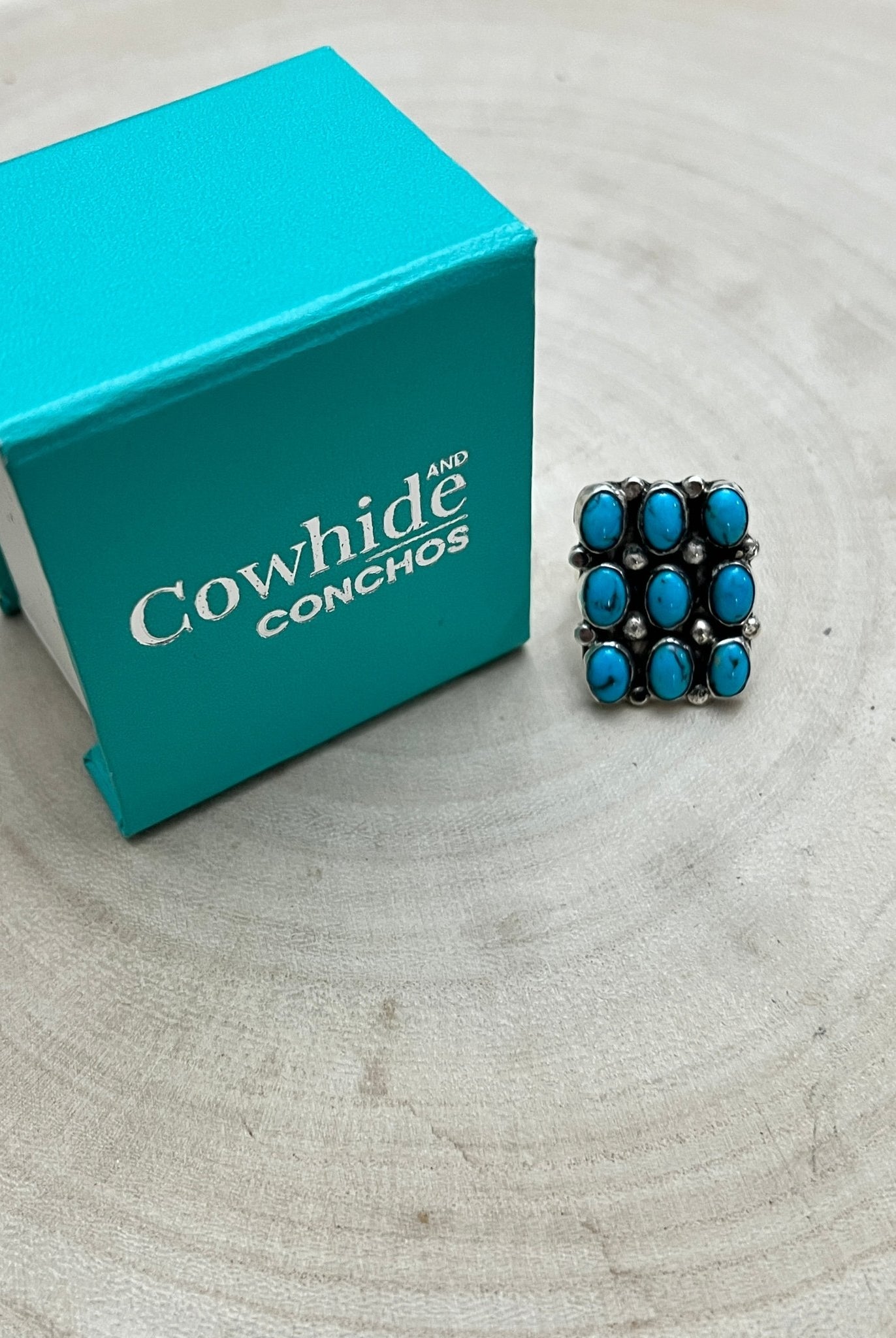 Priscilla Reeder Navajo Sterling Silver Turquoise Ring — Size 8 (1" × 7/8" Face, PR Hallmark, Heirloom) - Cowhide and Conchos