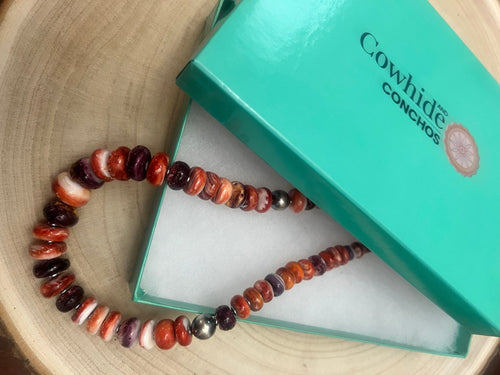 Purple and orange spiny oyster necklace - 22 inch - Cowhide and Conchos