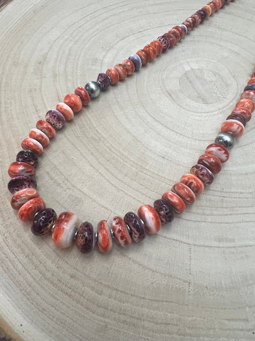 Purple and orange spiny oyster necklace - 22 inch - Cowhide and Conchos
