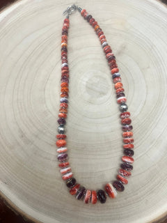 Purple and orange spiny oyster necklace - 22 inch - Cowhide and Conchos