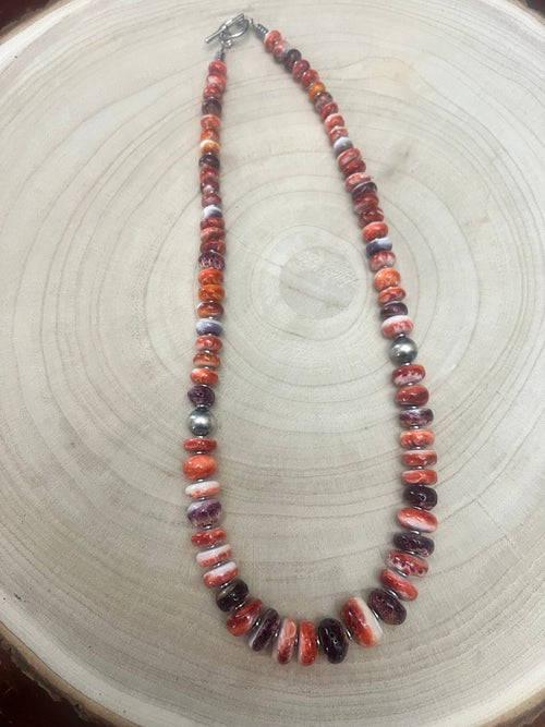 Purple and orange spiny oyster necklace - 22 inch - Cowhide and Conchos