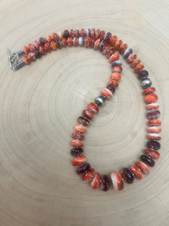 Purple and orange spiny oyster necklace - 22 inch - Cowhide and Conchos
