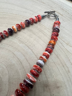 Purple and orange spiny oyster necklace - 22 inch - Cowhide and Conchos