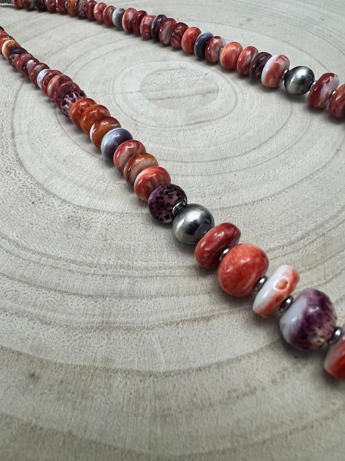 Purple and orange spiny oyster necklace - 22 inch - Cowhide and Conchos