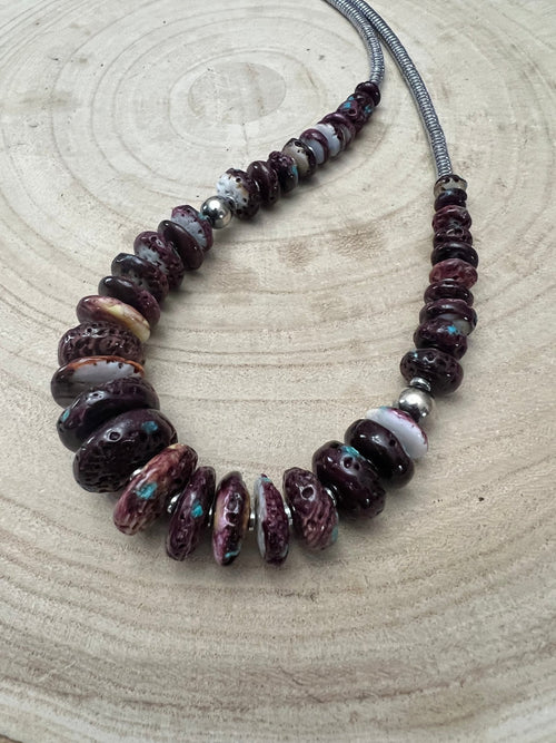 Purple spiny oyster and turquoise graduated & shell necklace - 23 inch - Cowhide and Conchos