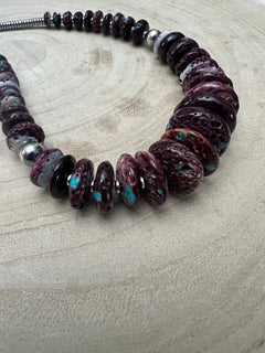 Purple spiny oyster and turquoise graduated & shell necklace - 23 inch - Cowhide and Conchos