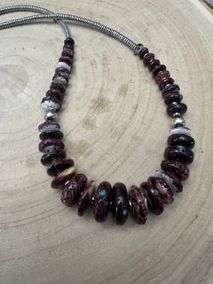 Purple spiny oyster and turquoise graduated & shell necklace - 23 inch - Cowhide and Conchos