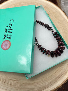 Purple spiny oyster and turquoise graduated & shell necklace - 23 inch - Cowhide and Conchos