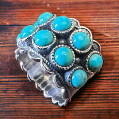 Rae Kingman Turquoise Sterling Ring - Size 6 - Cowhide and Conchos