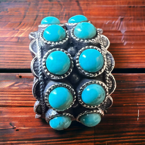 Rae Kingman Turquoise Sterling Ring - Size 6 - Cowhide and Conchos