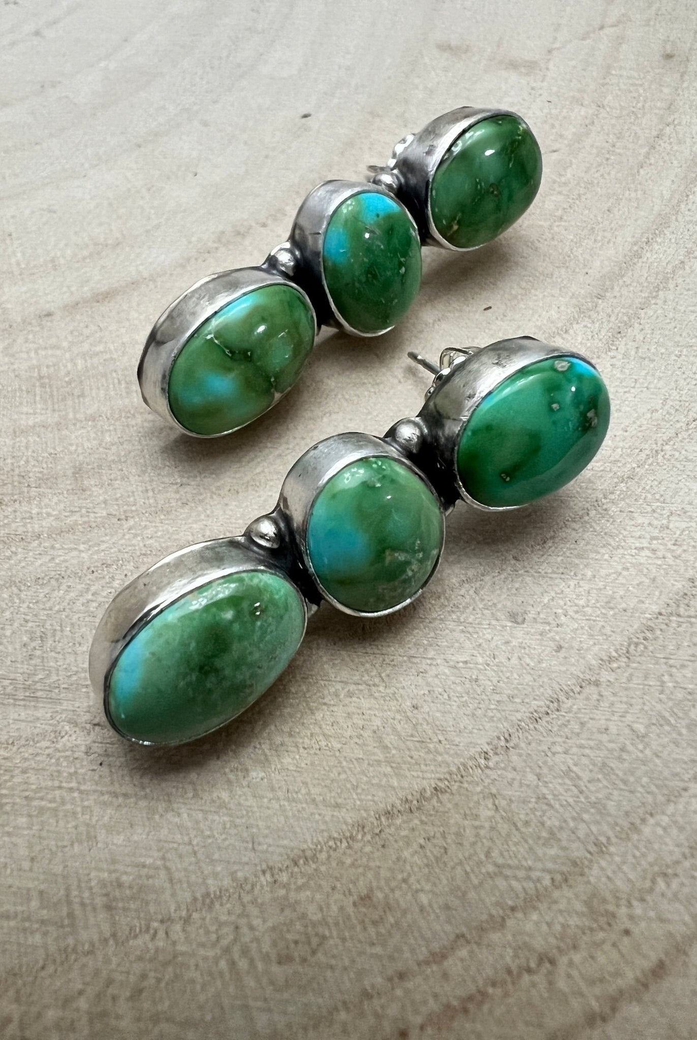 Randy Billy Navajo Sonoran Mountain Turquoise & Sterling Silver Earrings — 1 3/8" × 1/2" (Hallmarked, Heirloom) - Cowhide and Conchos