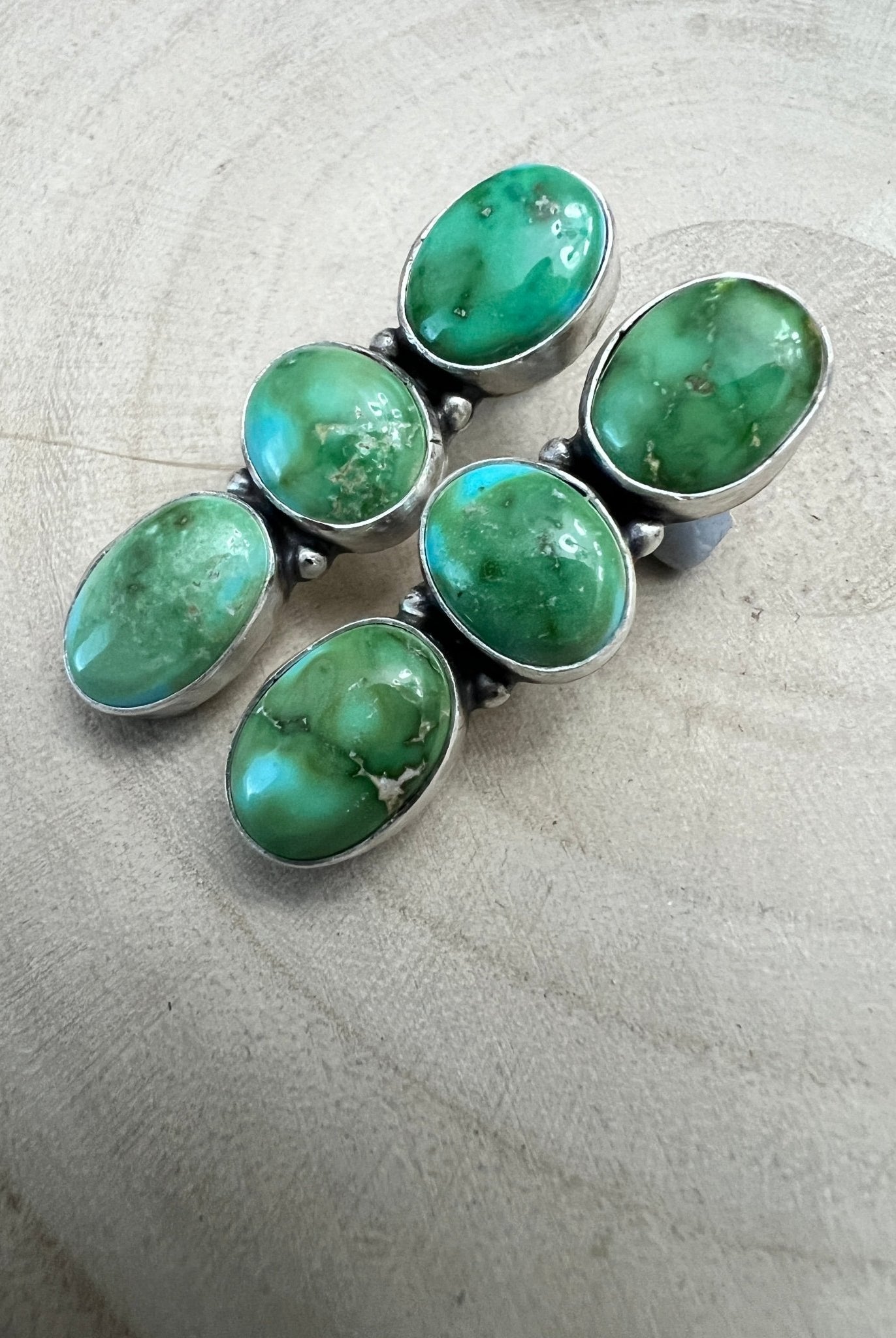 Randy Billy Navajo Sonoran Mountain Turquoise & Sterling Silver Earrings — 1 3/8" × 1/2" (Hallmarked, Heirloom) - Cowhide and Conchos
