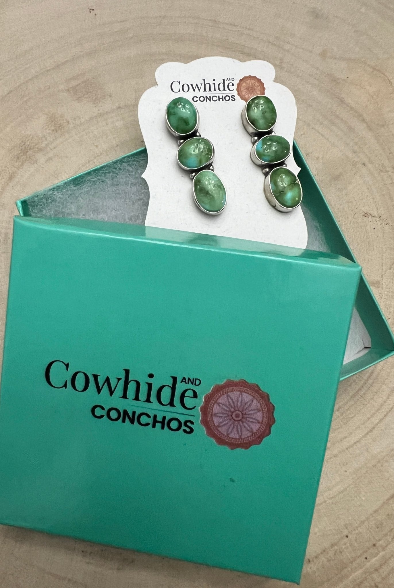 Randy Billy Navajo Sonoran Mountain Turquoise & Sterling Silver Earrings — 1 3/8" × 1/2" (Hallmarked, Heirloom) - Cowhide and Conchos