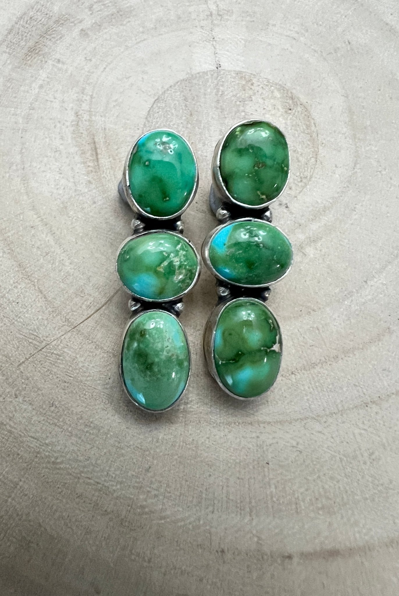 Randy Billy Navajo Sonoran Mountain Turquoise & Sterling Silver Earrings — 1 3/8" × 1/2" (Hallmarked, Heirloom) - Cowhide and Conchos