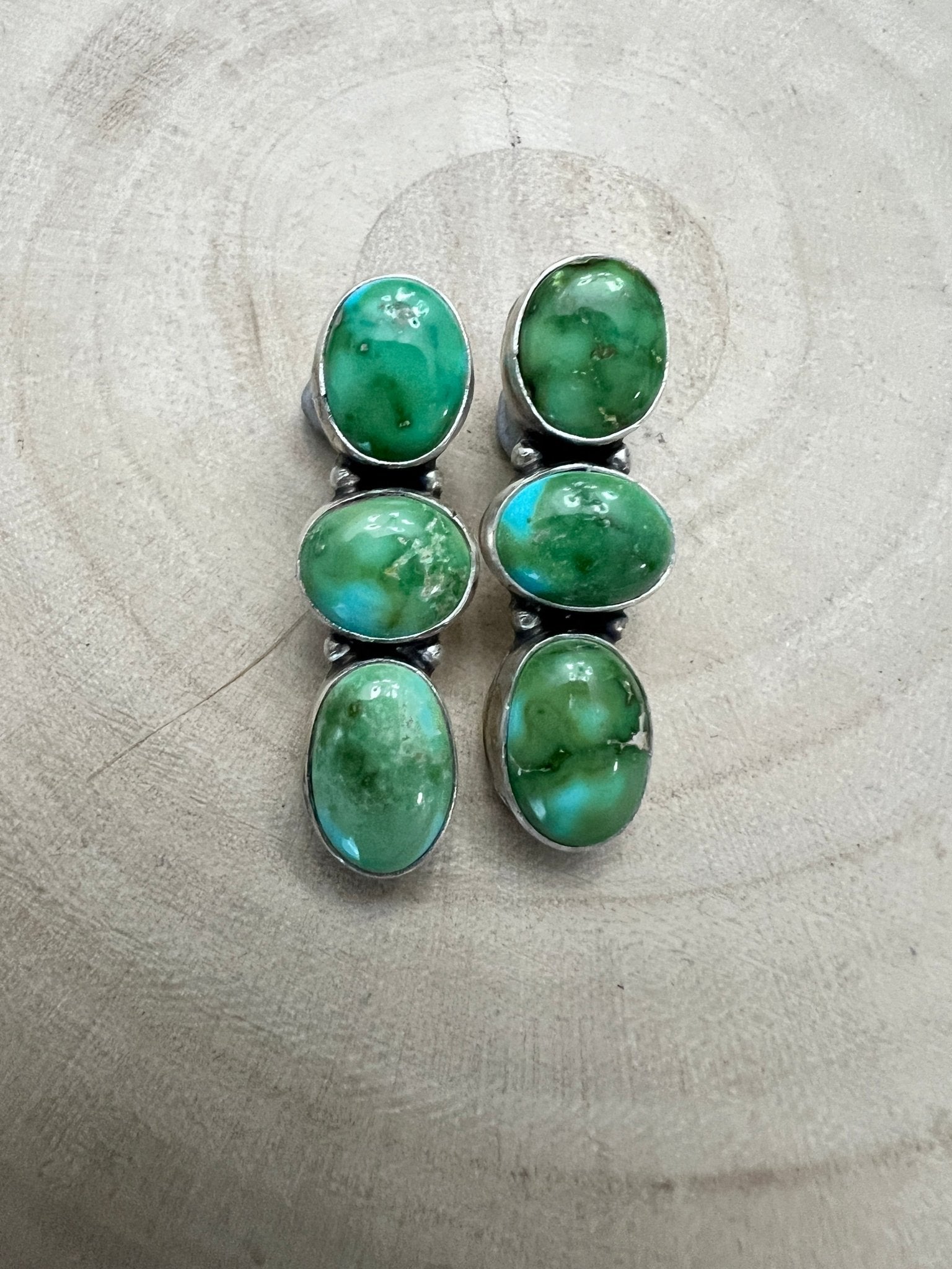 Randy Billy Navajo Sonoran Mountain Turquoise & Sterling Silver Earrings — 1 3/8" × 1/2" (Hallmarked, Heirloom) - Cowhide and Conchos