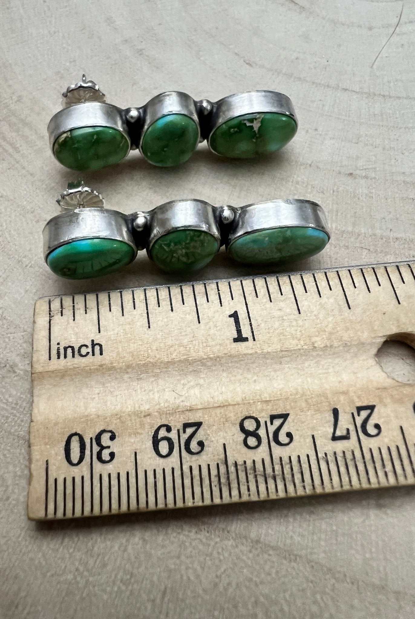 Randy Billy Navajo Sonoran Mountain Turquoise & Sterling Silver Earrings — 1 3/8" × 1/2" (Hallmarked, Heirloom) - Cowhide and Conchos