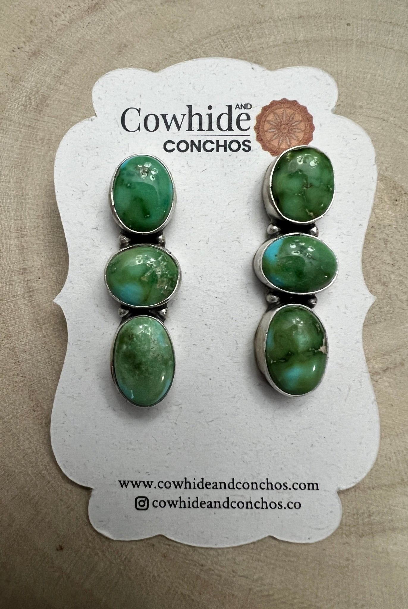 Randy Billy Navajo Sonoran Mountain Turquoise & Sterling Silver Earrings — 1 3/8" × 1/2" (Hallmarked, Heirloom) - Cowhide and Conchos