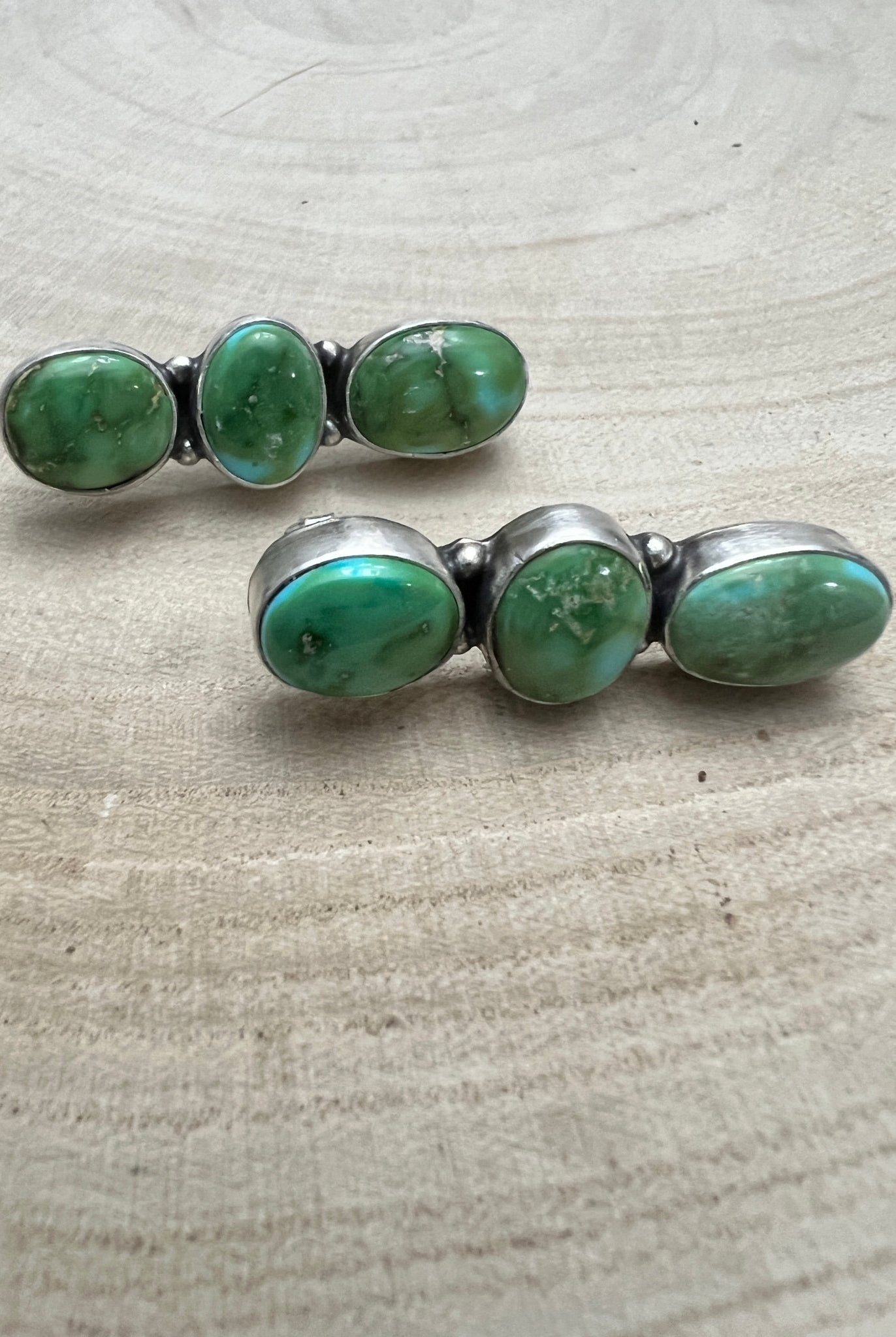 Randy Billy Navajo Sonoran Mountain Turquoise & Sterling Silver Earrings — 1 3/8" × 1/2" (Hallmarked, Heirloom) - Cowhide and Conchos