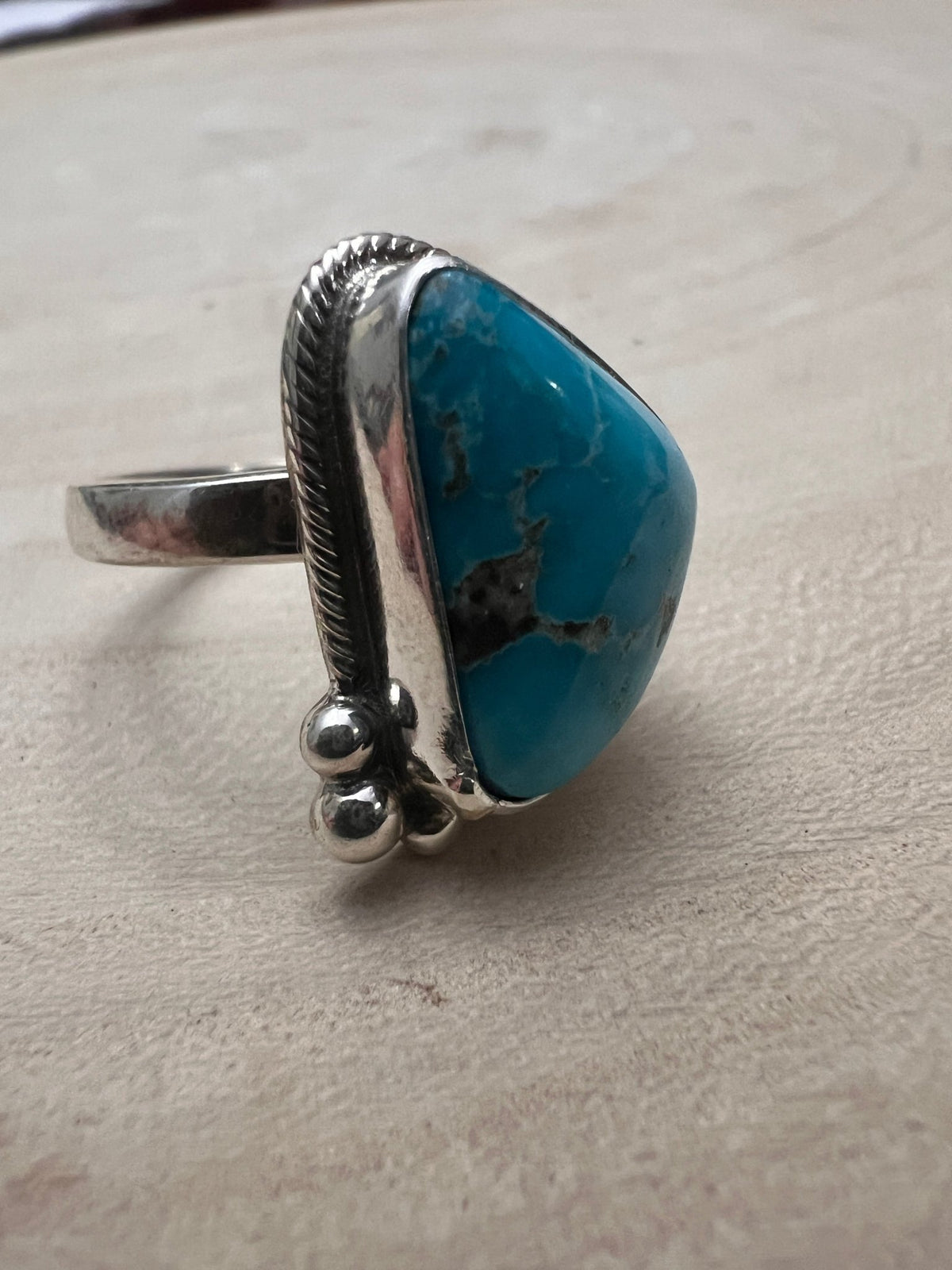 Randy Billy Navajo Sterling Silver Ring with Natural Fox Turquoise — Adjustable, 7/8" × 5/8" (Hallmarked, Heirloom Rare Variety) - Cowhide and Conchos