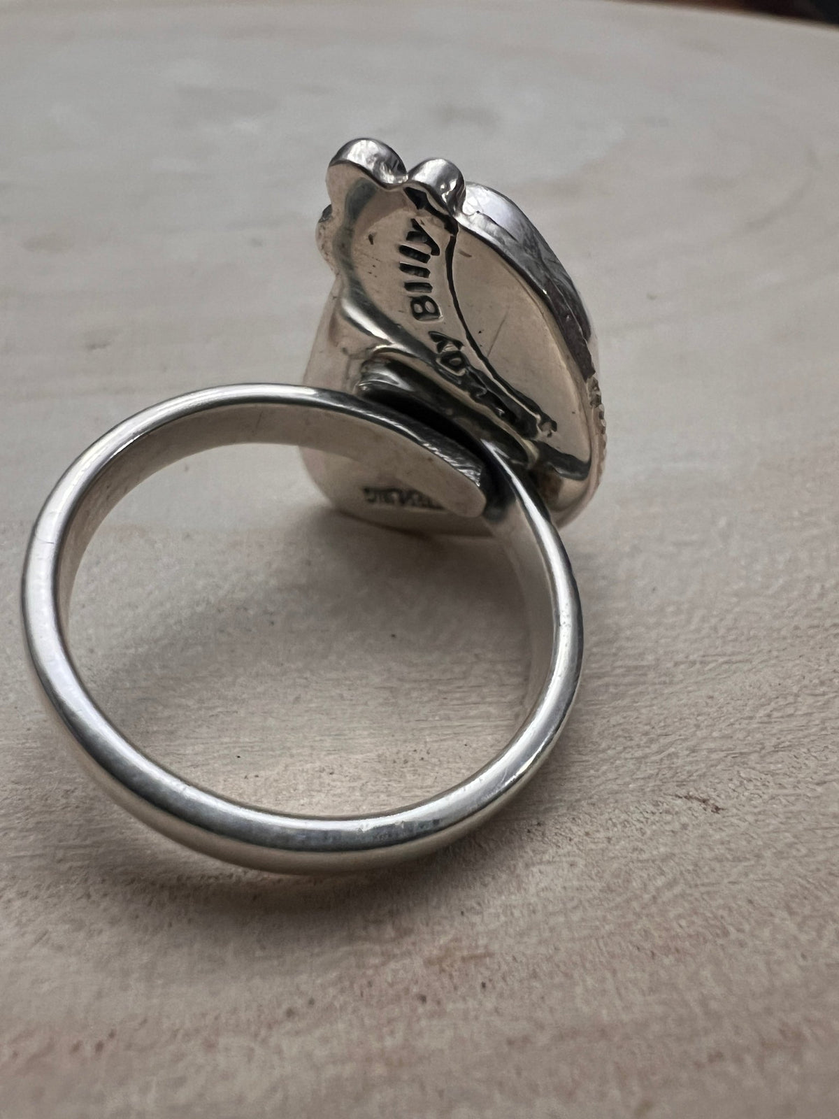 Randy Billy Navajo Sterling Silver Ring with Natural Fox Turquoise — Adjustable, 7/8" × 5/8" (Hallmarked, Heirloom Rare Variety) - Cowhide and Conchos