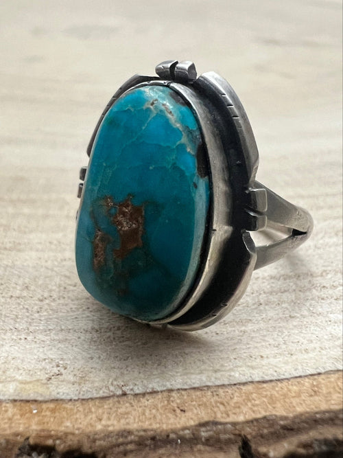 Randy Billy Royston Turquoise & Sterling Silver Ring - Size 8 - Cowhide and Conchos