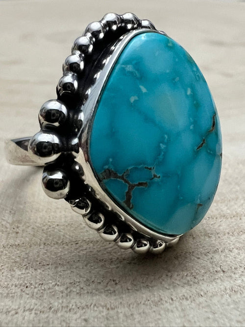 Randy Billy Turquoise & Sterling Silver Ring Size Adjustable - Cowhide and Conchos