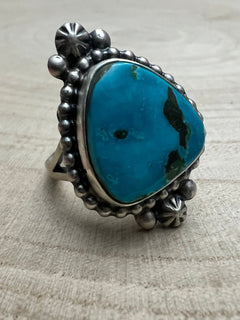 Randy Boyd Turquoise & Sterling Silver Ring - Size 8.5 - Cowhide and Conchos