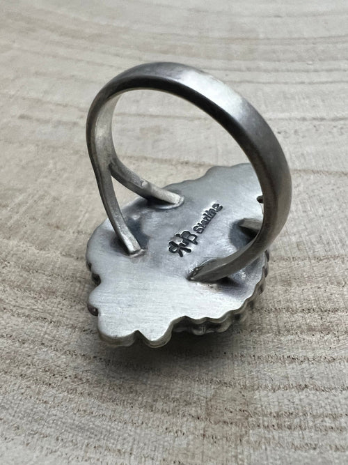 Randy Boyd Turquoise & Sterling Silver Ring - Size 8.5 - Cowhide and Conchos