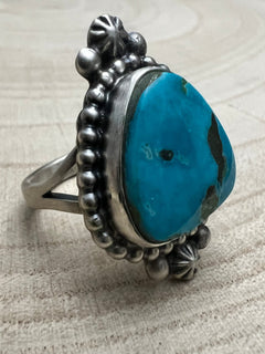Randy Boyd Turquoise & Sterling Silver Ring - Size 8.5 - Cowhide and Conchos
