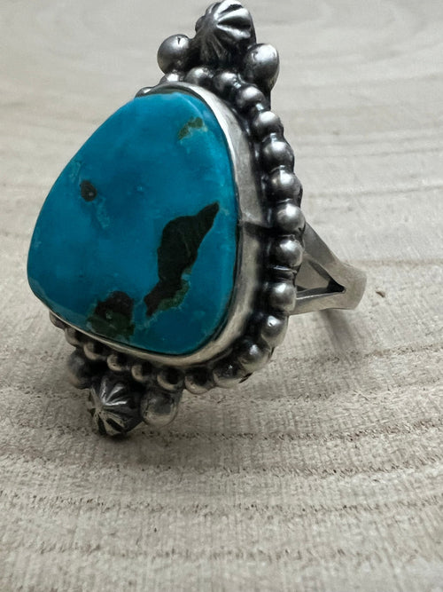 Randy Boyd Turquoise & Sterling Silver Ring - Size 8.5 - Cowhide and Conchos