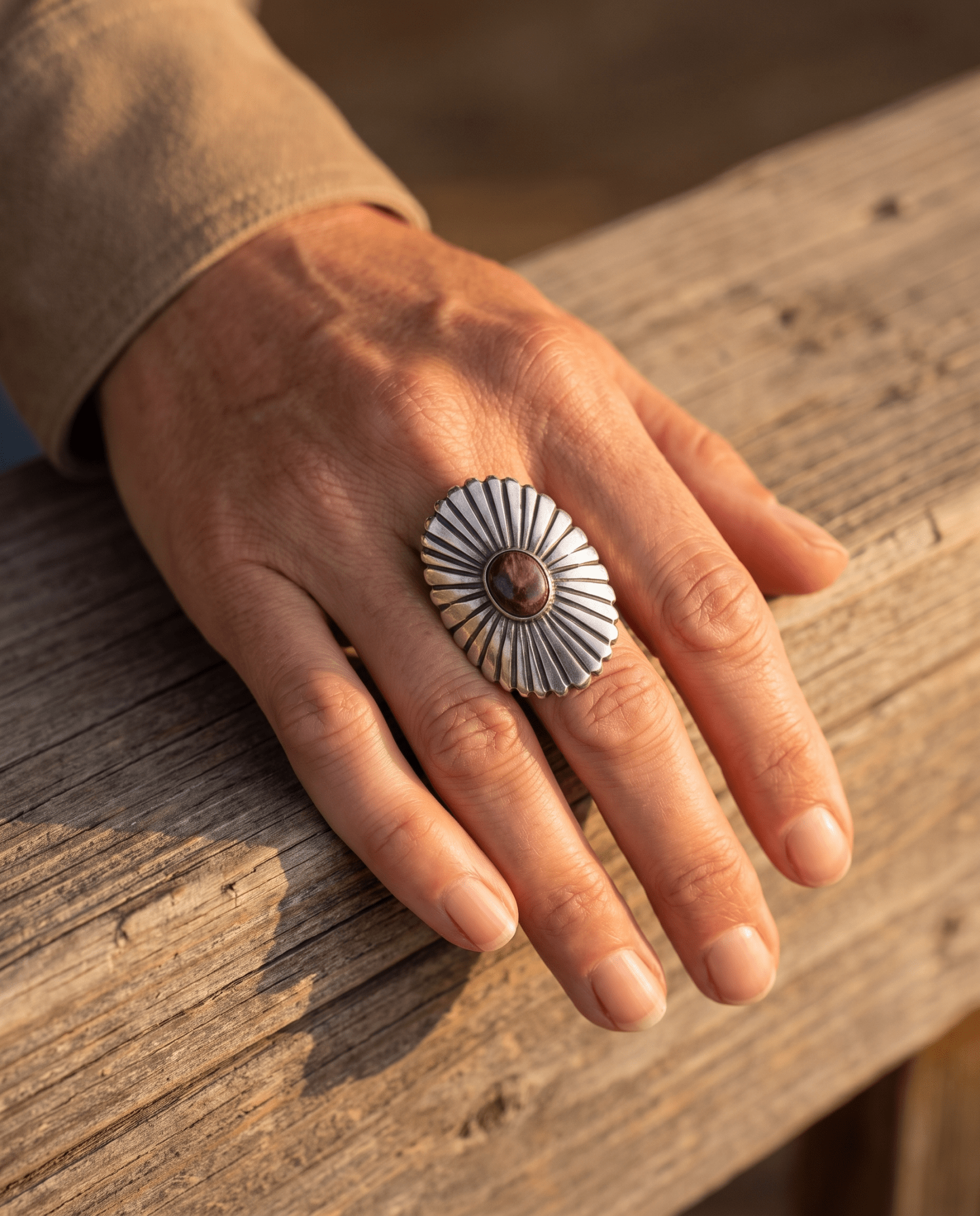 Raymond Coriz Navajo Concho Ring with Purple Spiny Oyster — Sterling Silver, Size 8+ Adjustable - Cowhide and Conchos