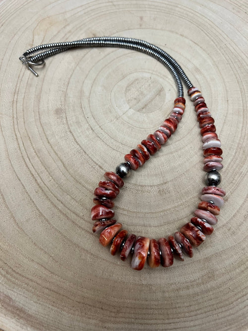 Red Spiny Oyster Graduated Necklace - 23 inch - Cowhide and Conchos