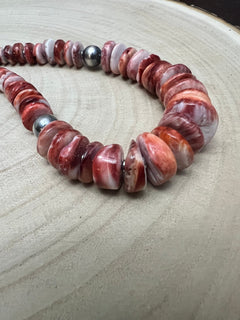 Red Spiny Oyster Graduated Necklace - 23 inch - Cowhide and Conchos