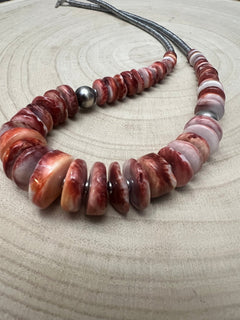Red Spiny Oyster Graduated Necklace - 23 inch - Cowhide and Conchos